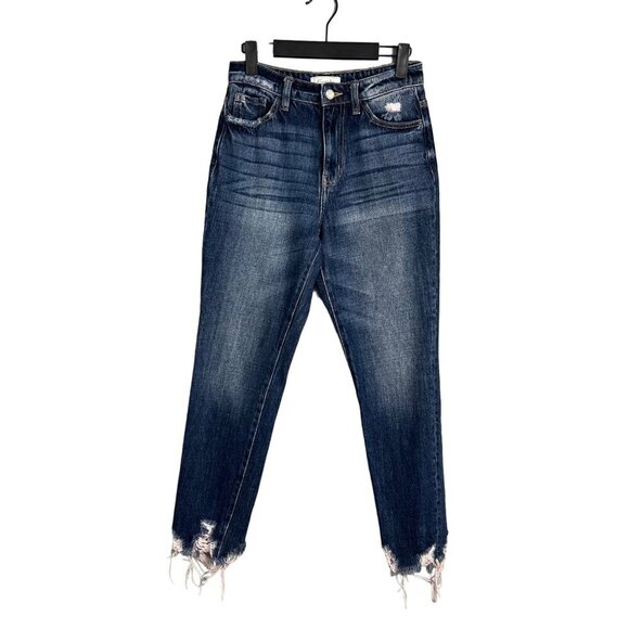 KanCan Mom Fit High Rise Straight Leg Jeans Sz 24 Medium Wash Raw Hem Crop Ankle - Picture 1 of 9